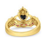 Claddagh Accent Heart Wedding Engagement Bridal Set Piece Ring Band Round Ruby Simulated Cubic Zirconia 925 Sterling Silver