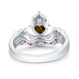 Claddagh Accent Heart Wedding Engagement Bridal Set Piece Ring Band Round Ruby Simulated Cubic Zirconia 925 Sterling Silver