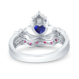 Claddagh Accent Heart Wedding Engagement Bridal Set Piece Ring Band Round Ruby Simulated Cubic Zirconia 925 Sterling Silver