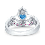 Claddagh Accent Heart Wedding Engagement Bridal Set Piece Ring Band Round Ruby Simulated Cubic Zirconia 925 Sterling Silver