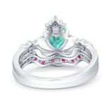 Claddagh Accent Heart Wedding Engagement Bridal Set Piece Ring Band Round Ruby Simulated Cubic Zirconia 925 Sterling Silver