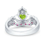Claddagh Accent Heart Wedding Engagement Bridal Set Piece Ring Band Round Ruby Simulated Cubic Zirconia 925 Sterling Silver