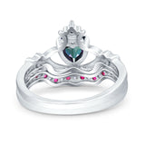 Claddagh Accent Heart Wedding Engagement Bridal Set Piece Ring Band Round Ruby Simulated Cubic Zirconia 925 Sterling Silver