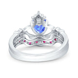 Claddagh Accent Heart Wedding Engagement Bridal Set Piece Ring Band Round Ruby Simulated Cubic Zirconia 925 Sterling Silver