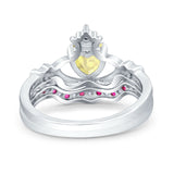 Claddagh Accent Heart Wedding Engagement Bridal Set Piece Ring Band Round Ruby Simulated Cubic Zirconia 925 Sterling Silver