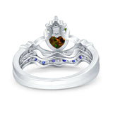 Claddagh Accent Heart Wedding Bridal Set Piece Ring Band Round Blue Sapphire Simulated Cubic Zirconia 925 Sterling Silver