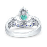 Claddagh Accent Heart Wedding Bridal Set Piece Ring Band Round Blue Sapphire Simulated Cubic Zirconia 925 Sterling Silver