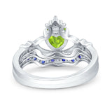 Claddagh Accent Heart Wedding Bridal Set Piece Ring Band Round Blue Sapphire Simulated Cubic Zirconia 925 Sterling Silver