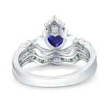 Claddagh Accent Heart Wedding Bridal Set Piece Ring Band Round Green Emerald Simulated Cubic Zirconia 925 Sterling Silver