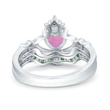 Claddagh Accent Heart Wedding Bridal Set Piece Ring Band Round Green Emerald Simulated Cubic Zirconia 925 Sterling Silver