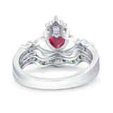 Claddagh Accent Heart Wedding Bridal Set Piece Ring Band Round Green Emerald Simulated Cubic Zirconia 925 Sterling Silver