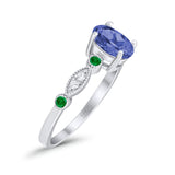Vintage Style Oval Bridal Wedding Engagement Ring Round Green Emerald Simulated Cubic Zirconia 925 Sterling Silver