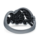 Sunflower Oxidized Sunshine Flower And Leaves Band Solid 925 Sterling Silver Thumb Ring (13mm)