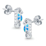 Seahorse Stud Earrings Lab Created Opal Simulated CZ 925 Sterling Silver (13mm)