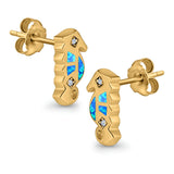 Seahorse Stud Earrings Lab Created Opal Simulated CZ 925 Sterling Silver (13mm)