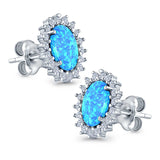 Halo Oval Stud Earrings Lab Created Opal Simulated CZ 925 Sterling Silver (13mm)
