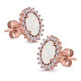 Halo Oval Stud Earrings Lab Created Opal Simulated CZ 925 Sterling Silver (13mm)