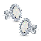 Halo Oval Stud Earrings Lab Created Opal Simulated CZ 925 Sterling Silver (13mm)