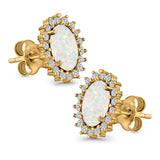 Halo Oval Stud Earrings Lab Created Opal Simulated CZ 925 Sterling Silver (13mm)