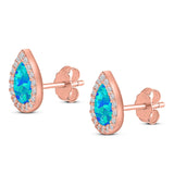 Halo Pear Stud Earring Simulated Cubic Zirconia Created Opal Solid 925 Sterling Silver (11mm)