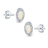 Halo Circle Stud Earrings Lab Created Opal Round Simulated CZ 925 Sterling Silver (14mm)