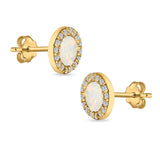 Halo Circle Stud Earrings Lab Created Opal Round Simulated CZ 925 Sterling Silver (14mm)