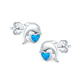 Dolphin Heart Stud Earrings Simulated CZ Lab Created Opal 925 Sterling Silver (7mm)