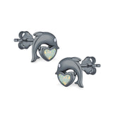 Dolphin Heart Stud Earrings Simulated CZ Lab Created Opal 925 Sterling Silver (7mm)