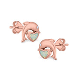 Dolphin Heart Stud Earrings Simulated CZ Lab Created Opal 925 Sterling Silver (7mm)