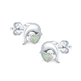 Dolphin Heart Stud Earrings Simulated CZ Lab Created Opal 925 Sterling Silver (7mm)