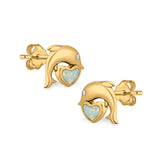 Dolphin Heart Stud Earrings Simulated CZ Lab Created Opal 925 Sterling Silver (7mm)