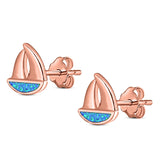 Sail Boat Stud Earring Created Opal Solid 925 Sterling Silver (9mm)
