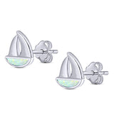 Sail Boat Stud Earring Created Opal Solid 925 Sterling Silver (9mm)