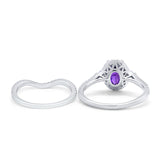 Oval Two Piece Halo Round Simulated Cubic Zirconia Ring 925 Sterling Silver