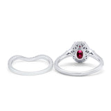 Oval Two Piece Halo Round Simulated Cubic Zirconia Ring 925 Sterling Silver