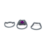 Princess Cut Vintage Art Deco Three Piece Bridal Set Wedding Ring Band Round Simulated Cubic Zirconia 925 Sterling Silver