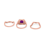 Princess Cut Vintage Art Deco Three Piece Bridal Set Wedding Ring Band Round Simulated Cubic Zirconia 925 Sterling Silver