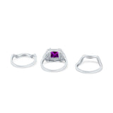 Princess Cut Vintage Art Deco Three Piece Bridal Set Wedding Ring Band Round Simulated Cubic Zirconia 925 Sterling Silver