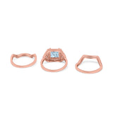 Princess Cut Vintage Art Deco Three Piece Bridal Set Wedding Ring Band Round Simulated Cubic Zirconia 925 Sterling Silver