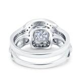 Two Piece Art Deco Wedding Engagement Bridal Set Ring Band Round Simulated Cubic Zirconia 925 Sterling Silver