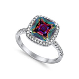 Halo Wedding Ring Cushion Cut Round Simulated Cubic Zirconia 925 Sterling Silver