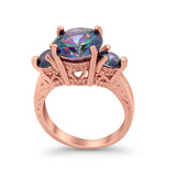 Three Stone Ring Round Simulated Rainbow Cubic Zirconia 925 Sterling Silver