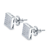 Square Stud Earrings Pave Simulated CZ Screw-Back 925 Sterling Silver