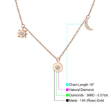 Dangling Moon Star Heart Diamond Necklace 14K Gold 0.07ct
