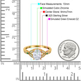 Oval Green Emerald Art Deco Wedding Engagement Bridal Ring Accent Vintage Round Simulated Cubic Zirconia 925 Sterling Silver