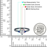 Art Deco Heart Three Stone Wedding Bridal Ring Round Blue Sapphire Simulated Cubic Zirconia 925 Sterling Silver