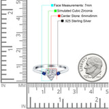 Art Deco Heart Three Stone Wedding Bridal Ring Round Blue Sapphire Simulated Cubic Zirconia 925 Sterling Silver