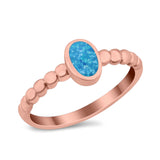 Solitaire Oval Ring Beaded Design Band Simulated Opal Round 925 Sterling Silver