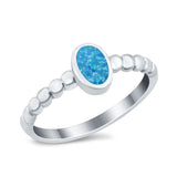 Solitaire Oval Ring Beaded Design Band Simulated Opal Round 925 Sterling Silver