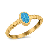 Solitaire Oval Ring Beaded Design Band Simulated Opal Round 925 Sterling Silver